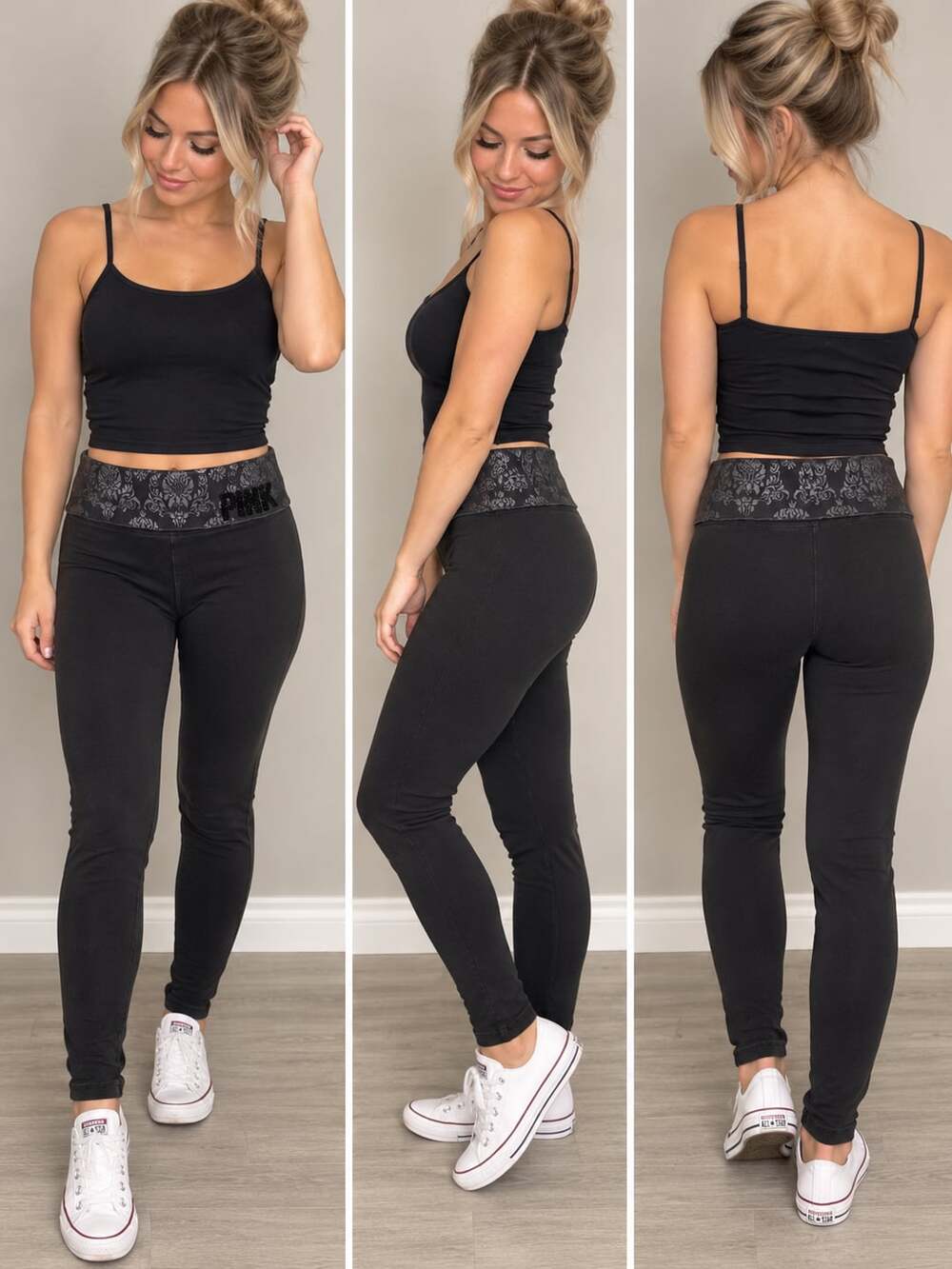 Victoria's Secret Pink Yoga Leggings Size S Black Damask Foldover